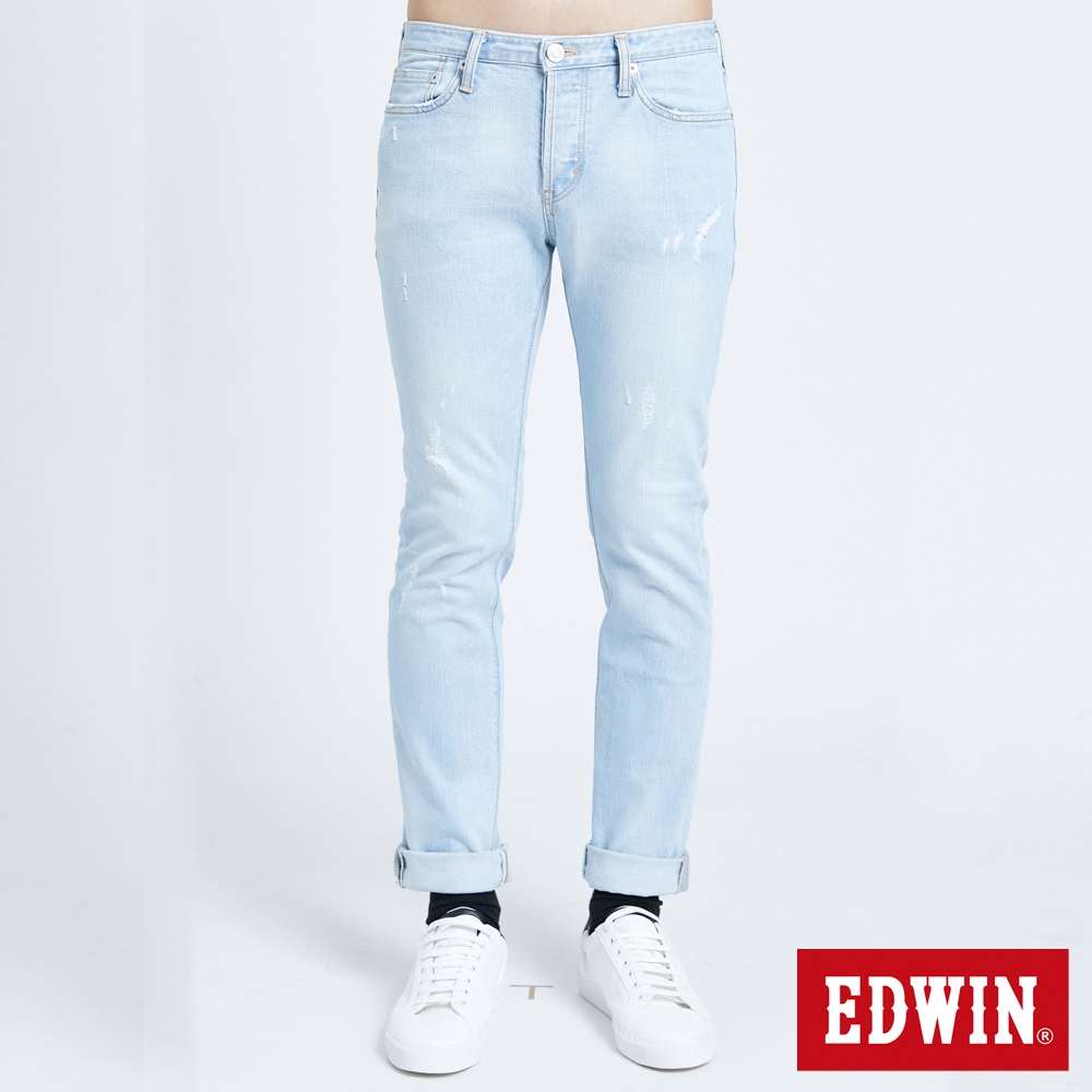 EDWIN 男裝 五袋破窄直管牛仔長褲-漂淺藍