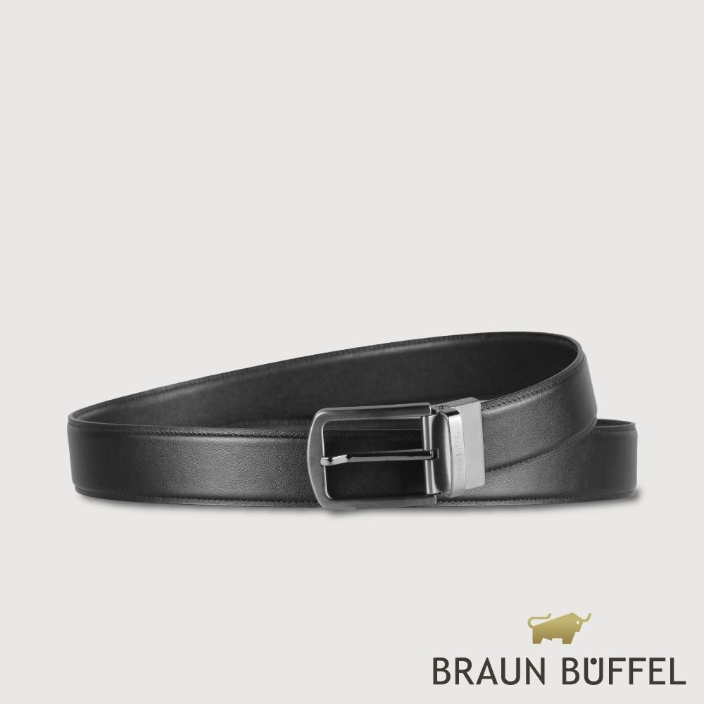 【BRAUN BUFFEL 德國小金牛】台灣總代理 時尚紳士 復古穿針皮帶-鎗色/BF25B-JF005-SGU