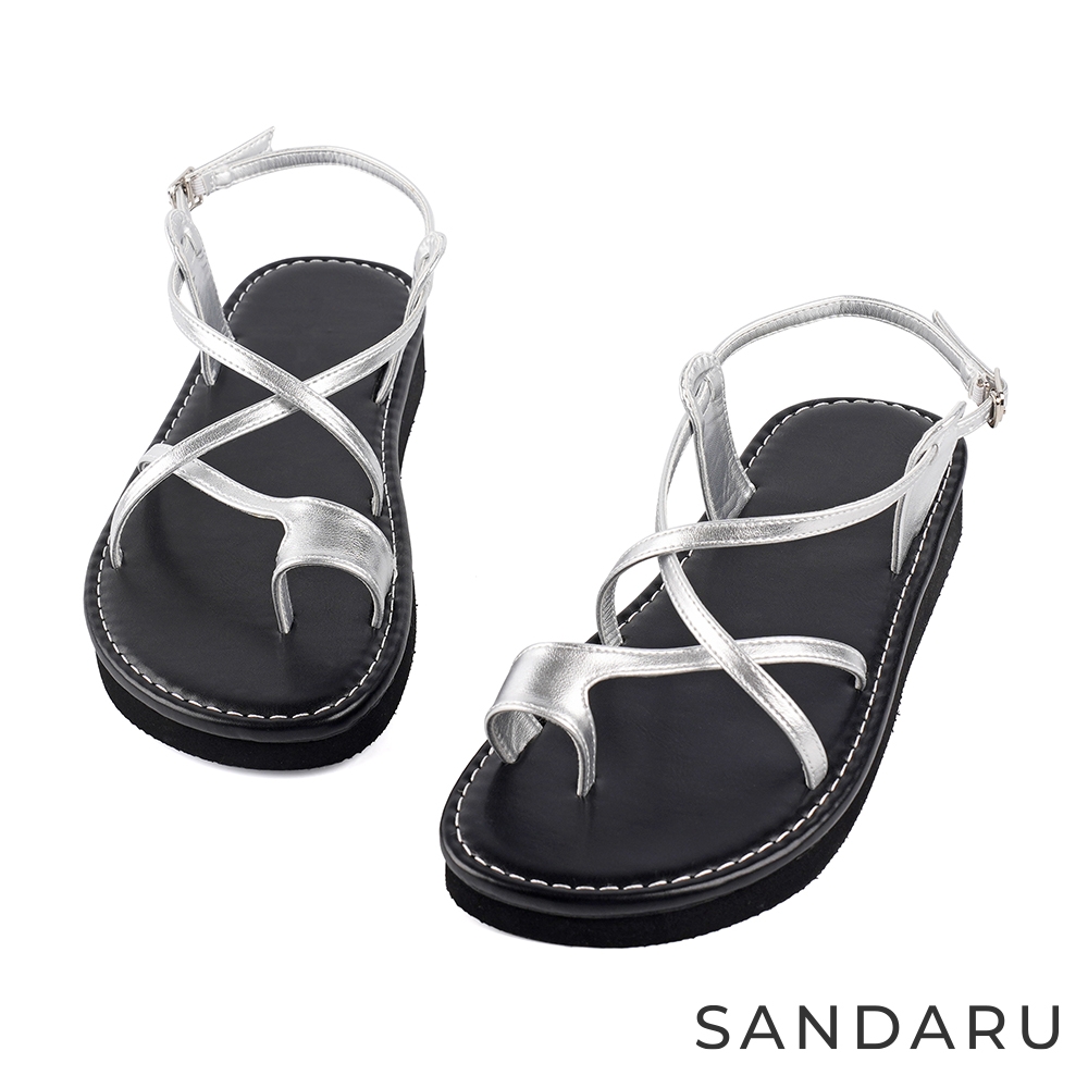 山打努SANDARU-涼鞋 真皮套趾交叉軟底平底涼鞋-銀 (銀)
