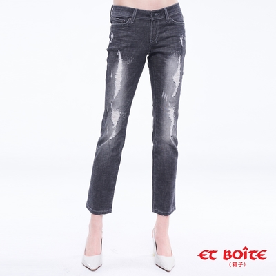 BLUE WAY ET BOiTE 箱子-黑灰色微彈破褲牛仔褲