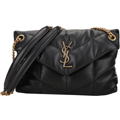 YSL Saint Laurent LOULOU PUFFER 銅金字小羊皮鍊帶肩背/斜揹包(黑色)