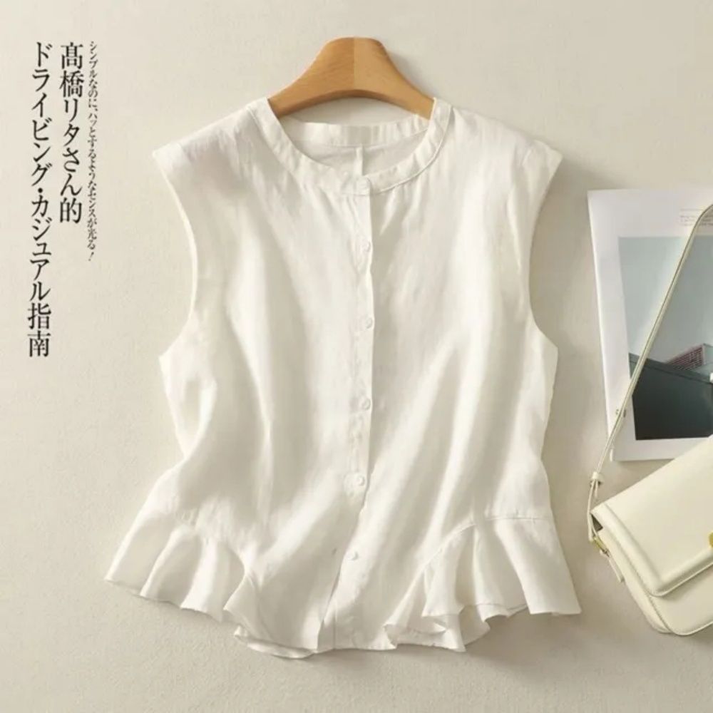 【LANNI 藍尼】★小清新荷葉下襬棉麻背心(女裝/女上衣/無袖背心/休閒/日系/通勤) (白)