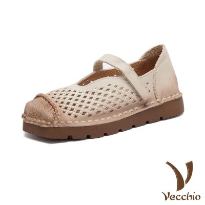VECCHIO 真皮休閒鞋/全真皮頭層牛皮舒適寬楦方頭沖孔透氣休閒鞋 杏