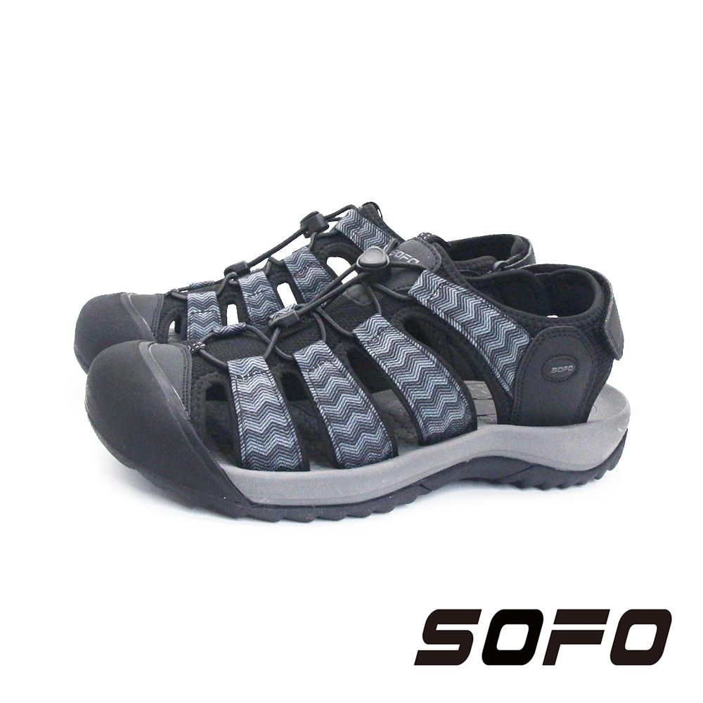 SOFO(男)水陸溯溪魔鬼氈寬楦護趾涼鞋 男鞋-黑紋
