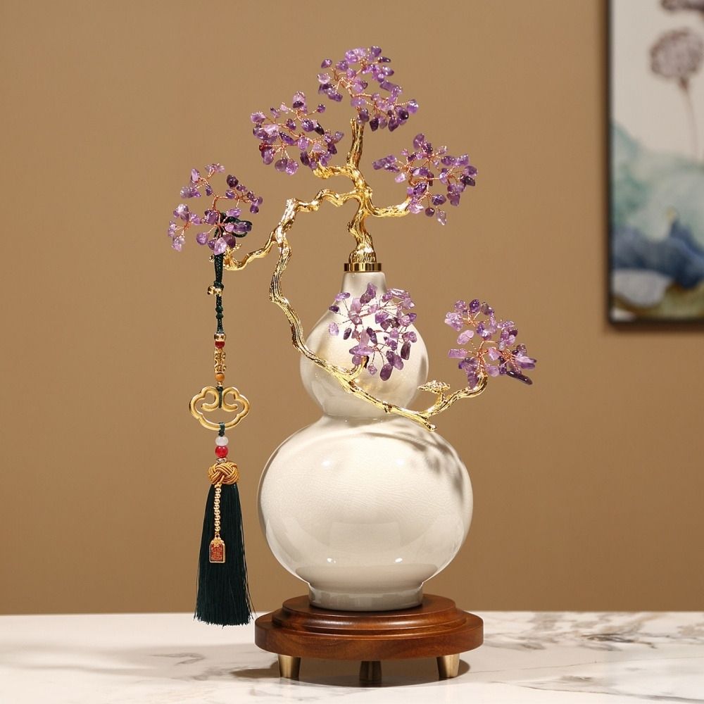 紫水晶葫蘆擺件陶瓷水晶樹紫氣東來水晶石招財樹工藝品裝飾喬遷禮物客廳