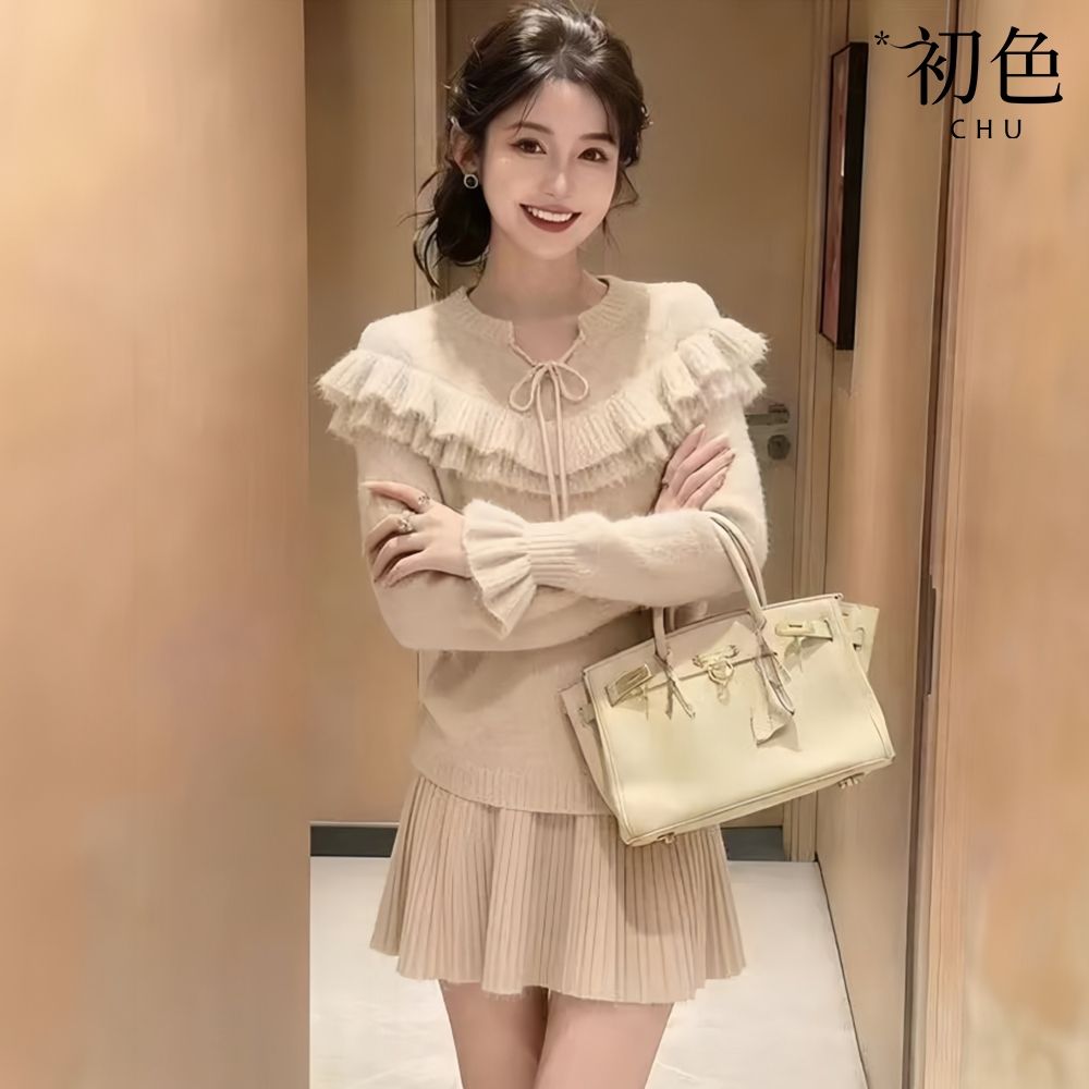 初色 法式純色木耳邊繫帶針織長袖毛衣上衣女上衣+百搭A字半身裙短裙套裝-杏色-18394(M-2XL可選)