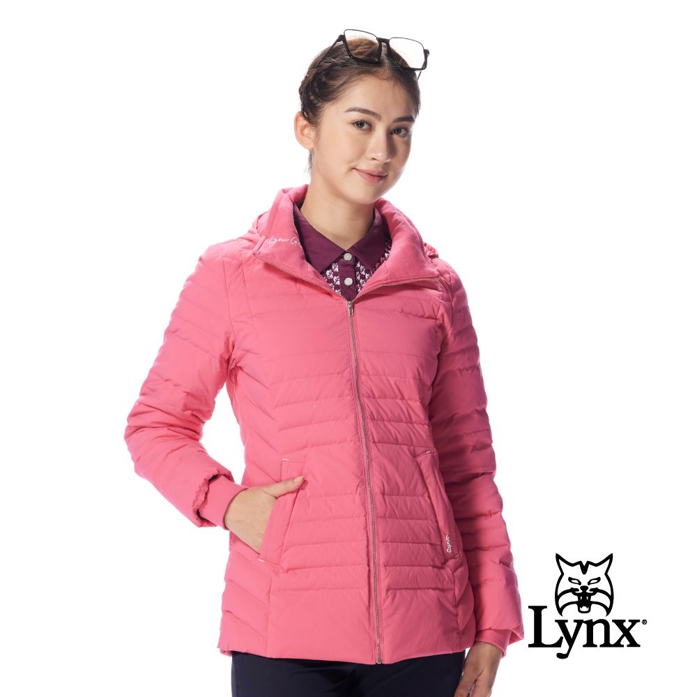 【Lynx Golf】女款長版90/10輕羽絨石磨烯恆溫裡布可拆帽防潑水保暖外套(二色) (桃紅色)