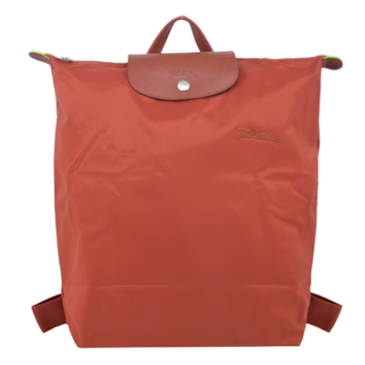 LONGCHAMP LE PLIAGE GREEN系列刺繡再生尼龍摺疊後背包(中/栗子紅)