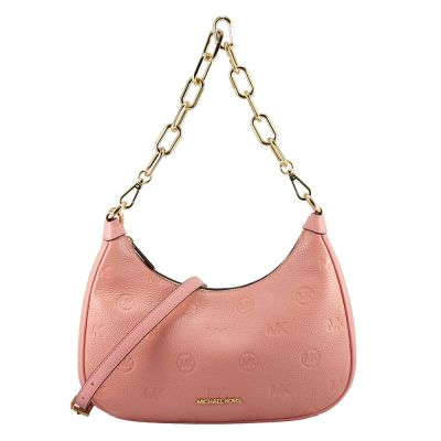 Michael Kors CORA金屬鍊帶壓印LOGO荔枝紋皮革肩背/斜背/兩用包(粉)