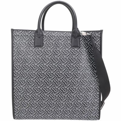 BURBERRY 巴寶莉 Monogram 滿版TB字母小牛皮手提 肩背托特包(黑色)