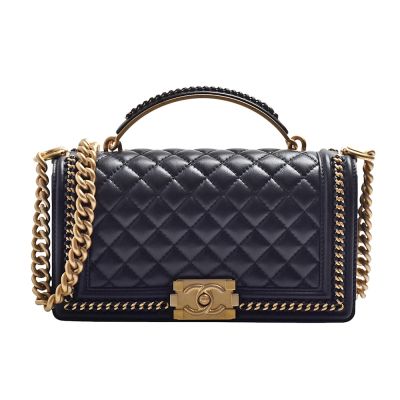 CHANEL香奈兒 CHANEL 經典雙C LOGO BOY系列菱格紋牛皮仿舊金屬手提斜背包(25cm-黑色)