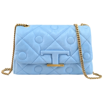 TOD’S Signature Mini 金屬LOGO菱格縫線小牛皮迷你翻蓋鍊包(淺藍)