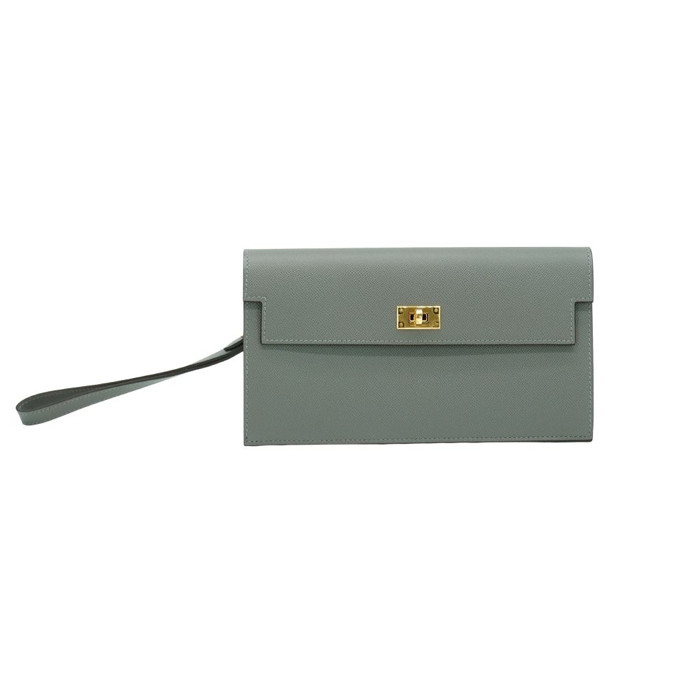 展示品 Hermes 愛馬仕 Kelly Pocket Madame 小牛皮金釦長夾(OL積雲灰)