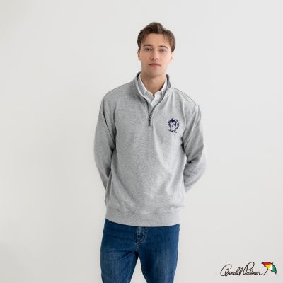 Arnold Palmer -男裝-學院風刺繡傘立領半拉鍊長袖T-灰色