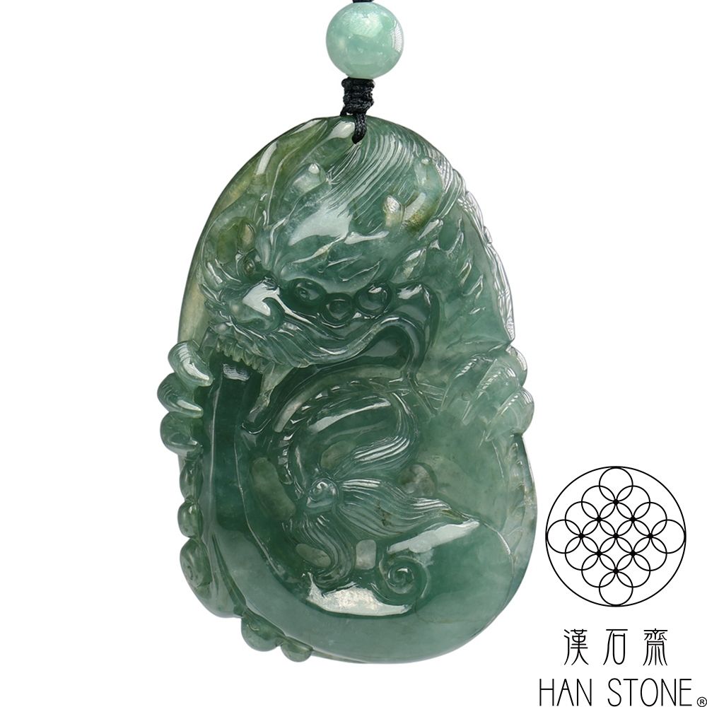漢石齋】天然翡翠A貨護主龍牌玉佩吊墜冰種藍水飄花(47*70*13mm) | 漢石