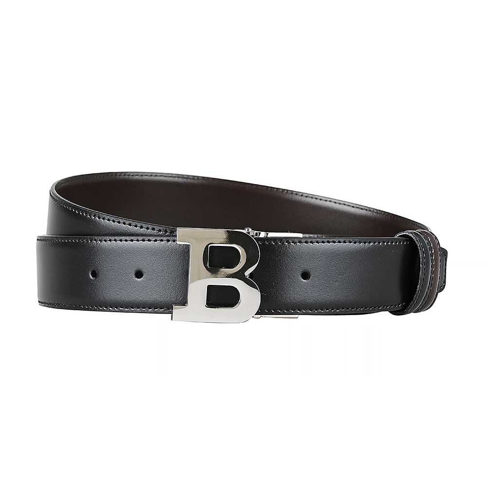 BALLY 牛皮經典扣環大B LOGO雙面釦式皮帶(黑x咖啡)
