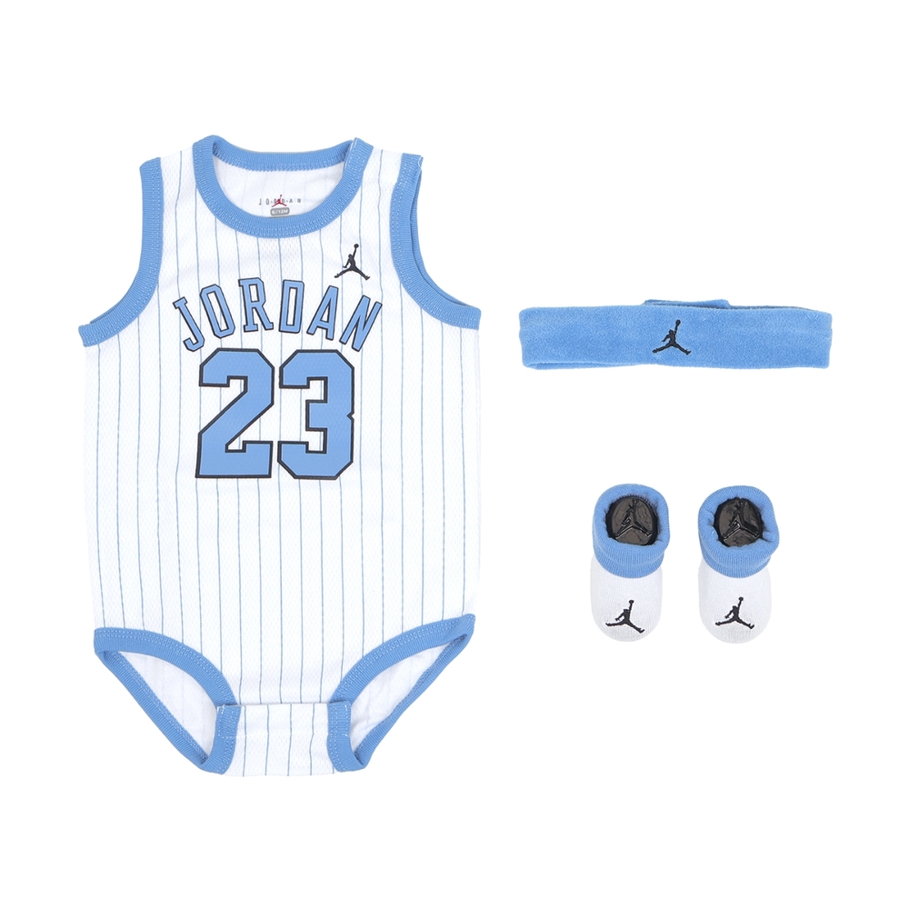 Nike 包屁衣 Jordan 小童 嬰兒 白 藍 純棉 無袖 小朋友 襪子 頭帶 三件組 禮盒 JD2433029NB-001