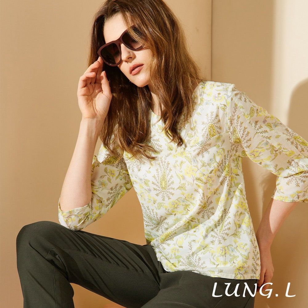 LUNG.L林佳樺 米色清新花語印花棉質七分袖女裝上衣 LU35A