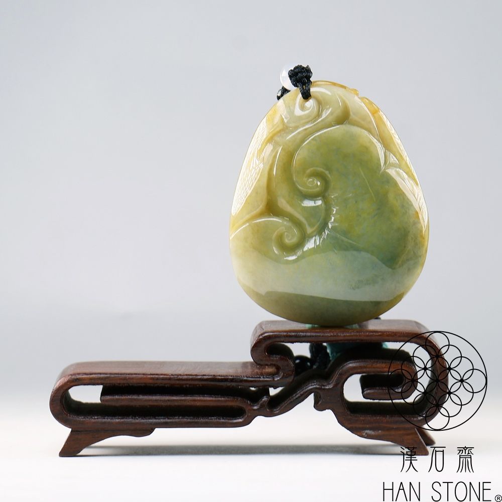 漢石齋】天然翡翠A貨如意蝙蝠玉佩吊墜飄花種帶黃翡(41*50*17mm) | 漢石