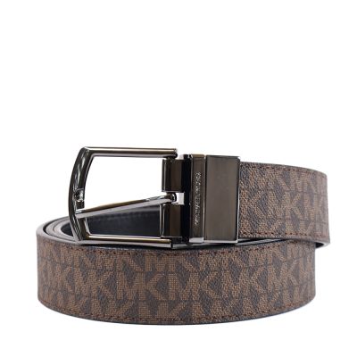 MICHAEL KORS 男款 金屬鏤空LOGO緹花雙面用寬版皮帶-咖啡色/黑