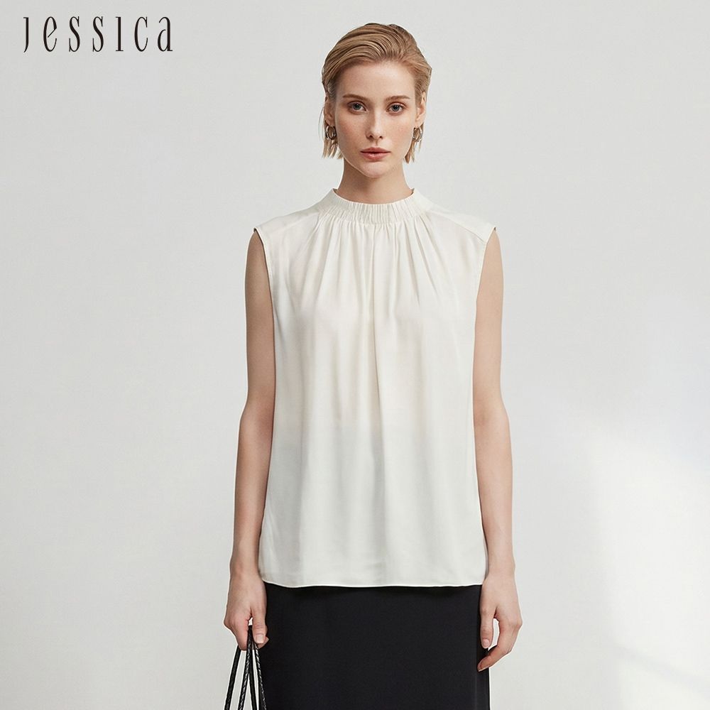 JESSICA - 百搭氣質立領抓皺蠶絲無袖背心上衣（白）J63305