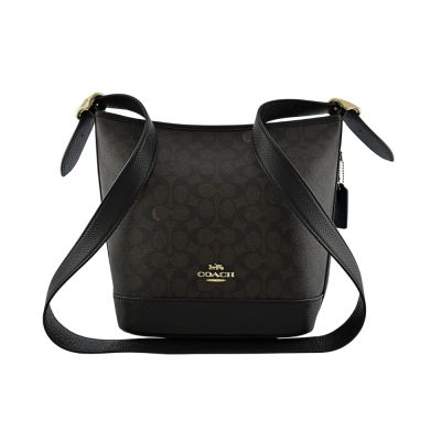 COACH 黑檀木C LOGO PVC拼接荔枝紋皮革斜背水桶包