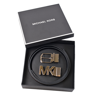 MICHAEL KORS 男款 銀字MK緹花LOGO防刮雙面用皮帶禮盒-咖啡色