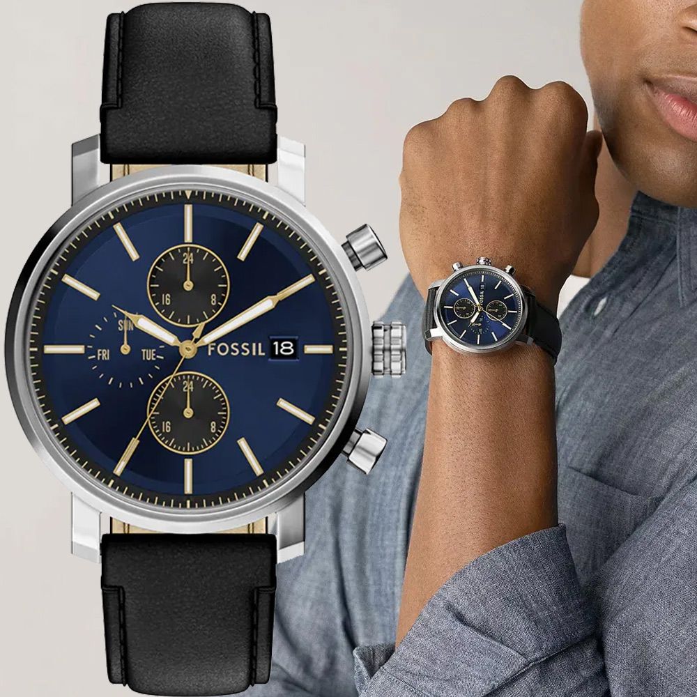 FOSSIL Rhett 多功能三眼手錶 寵媽有禮 送禮首選-銀x藍/43mm BQ2933