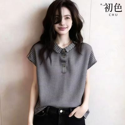 初色 慵懶風透氣寬鬆拼接撞色格紋半門襟單排釦翻領短袖襯衫上衣女上衣-黑白格紋-51499(M-XL可選)