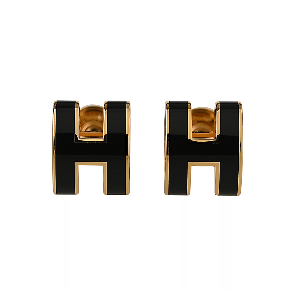 Hermes MINI POP品牌經典H字母設計針式耳環(黑x金)