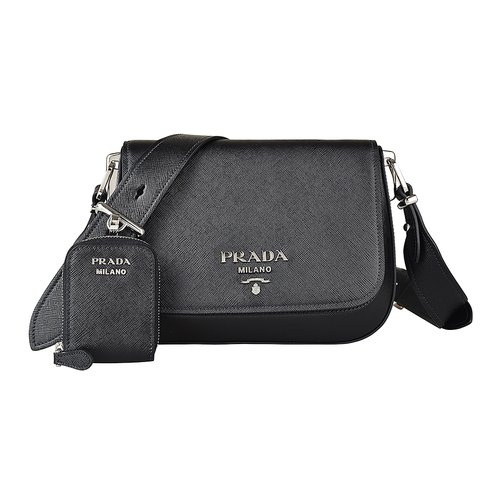 PRADA 普拉達  SAFFIANO LUX銀字LOGO防刮牛皮磁釦式斜背包(黑)