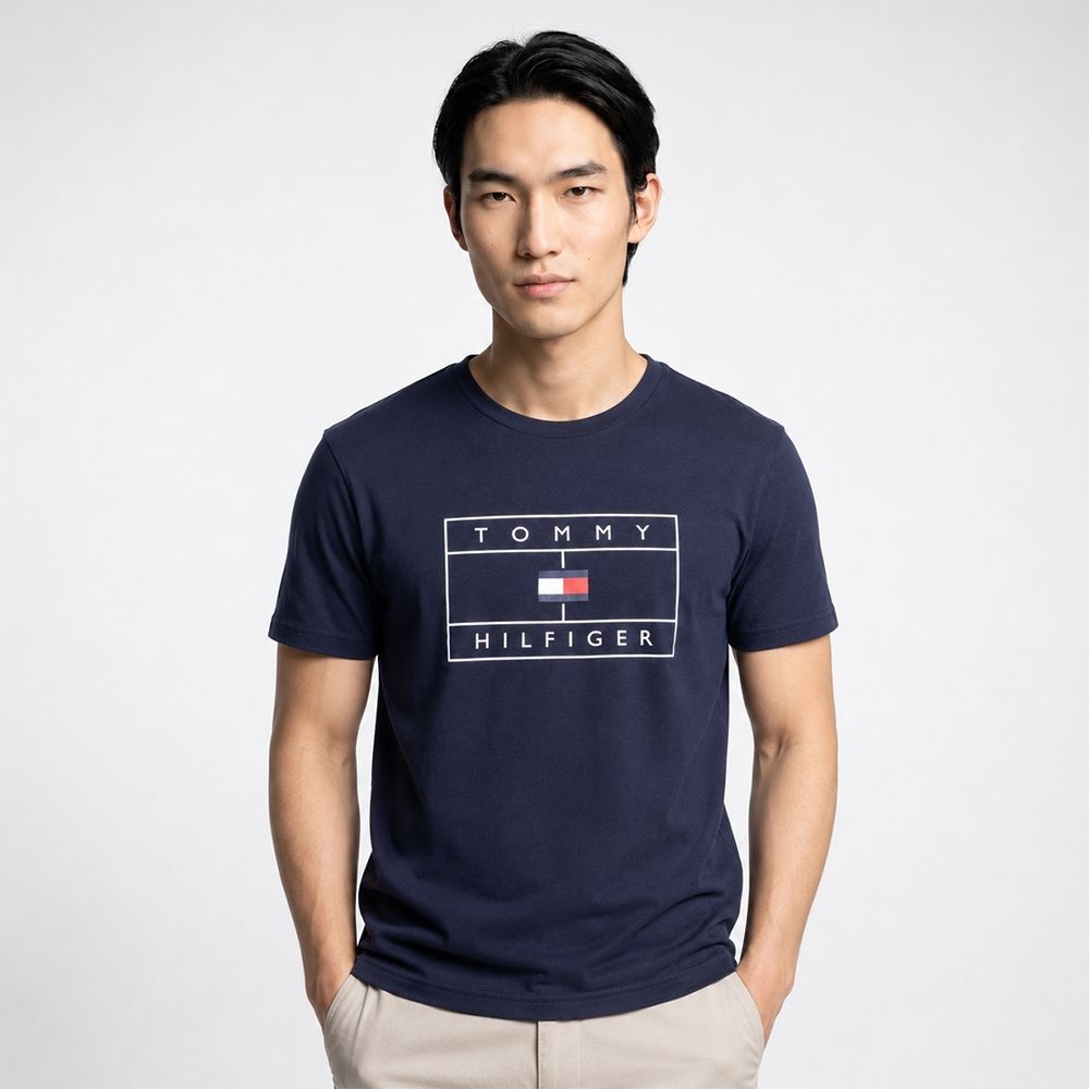 TOMMY 熱銷印刷文字Logo圖案短袖T恤-深藍色