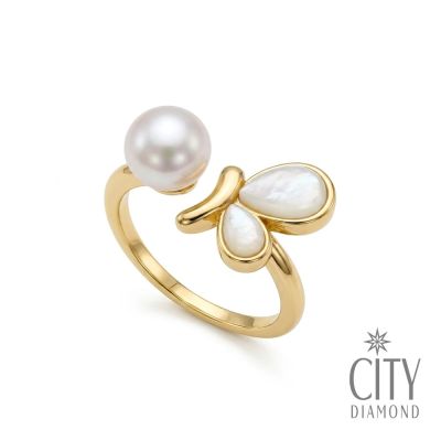 【City Diamond 引雅】天然珍珠 6-7mm 母貝 蝴蝶 開口式 戒指(珠潤月詠系列)