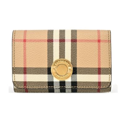 BURBERRY 浮雕LOGO格紋三折零錢短夾(卡其)