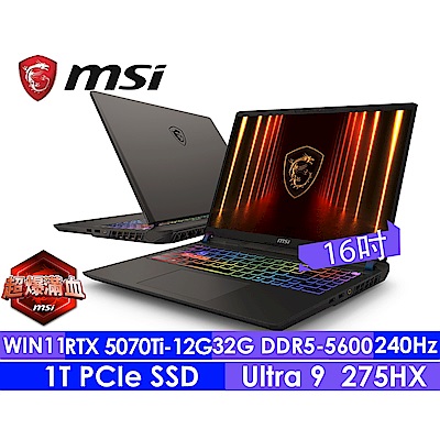 MSI微星 Vector 16 HX AI A2XWHG-268TW 240Hz 16吋AI電競筆電(Ultra 9 275HX/32G/1T SSD/RTX5070Ti-12G/Win11)