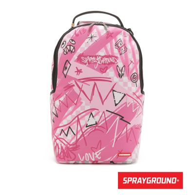 SPRAYGROUND-趣味塗鴉鋸齒鯊棋盤格大容量後背包-粉色