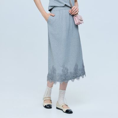 ILEY伊蕾 蕾絲棉質休閒長裙(灰；M-2L)
