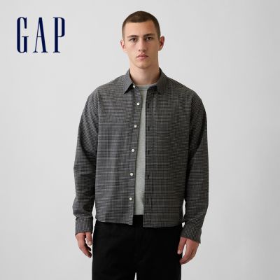 【GAP】寬鬆短款直版牛津襯衫-灰色格紋(909177)