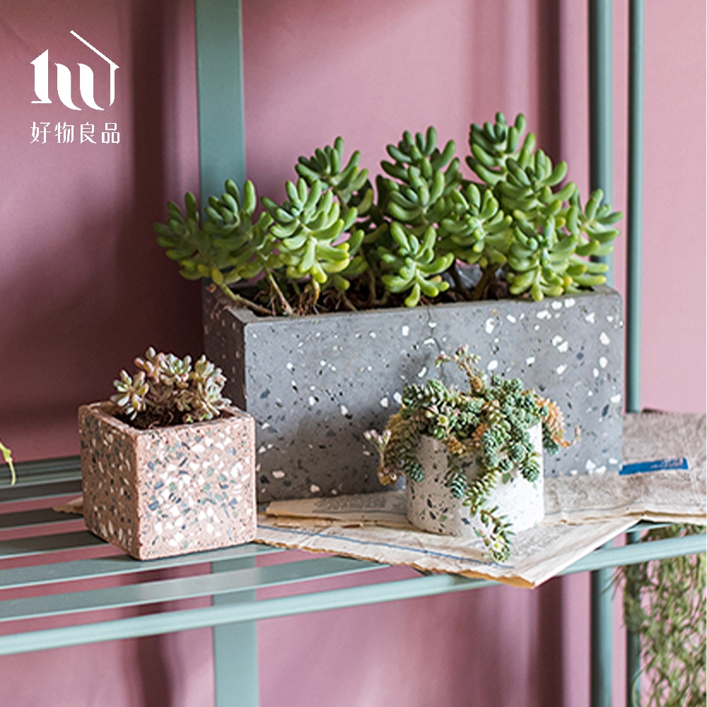 好物良品】長形水磨石手作水泥盆栽花盆花器(附十字花架｜陽台多肉植物