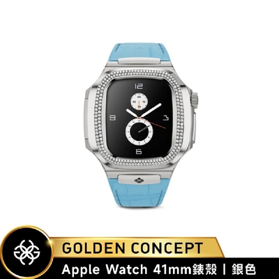 【Golden Concept】Apple Watch 41mm錶殼 銀錶框 藍皮革錶帶 WC-ROLMD41-SL (鑲嵌莫桑鑽)