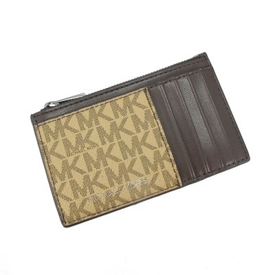 Michael Kors COOPER PVC、皮革卡式拉鍊零錢包(卡其咖)