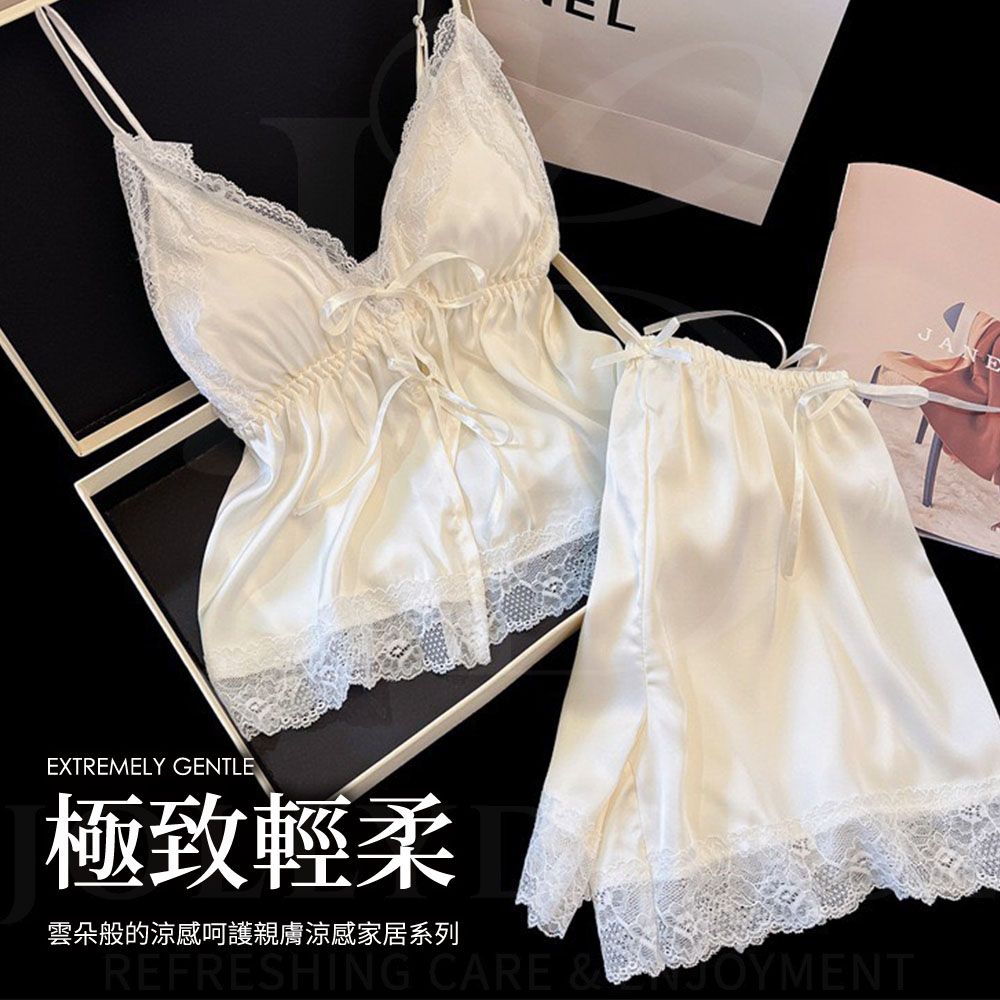 JOLLY DOLCE法式慵懶冰絲睡衣套裝（性感V領/帶胸墊/居家美學） (XL)