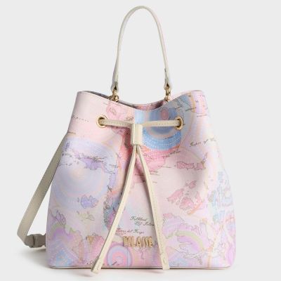 Alviero Martini 義大利地圖包 螺旋圖騰雲彩水桶包25cm-柔粉色