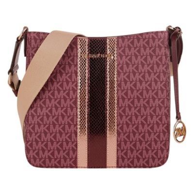 MICHAEL KORS 滿版防刮玫瑰金條槓拉鍊斜背包(酒紅)小款
