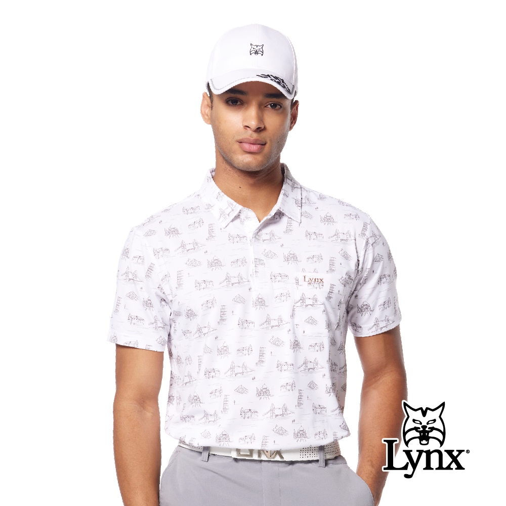 【Lynx Golf】男款吸溼排汗機能滿版觀光景點圖樣繡花胸袋款短袖POLO衫/高爾夫球衫-白色 (白色)
