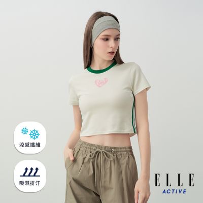ELLE ACTIVE 女款 簡約撞色涼感短版短袖T恤-珍珠白色(EA26S2W1602#91)