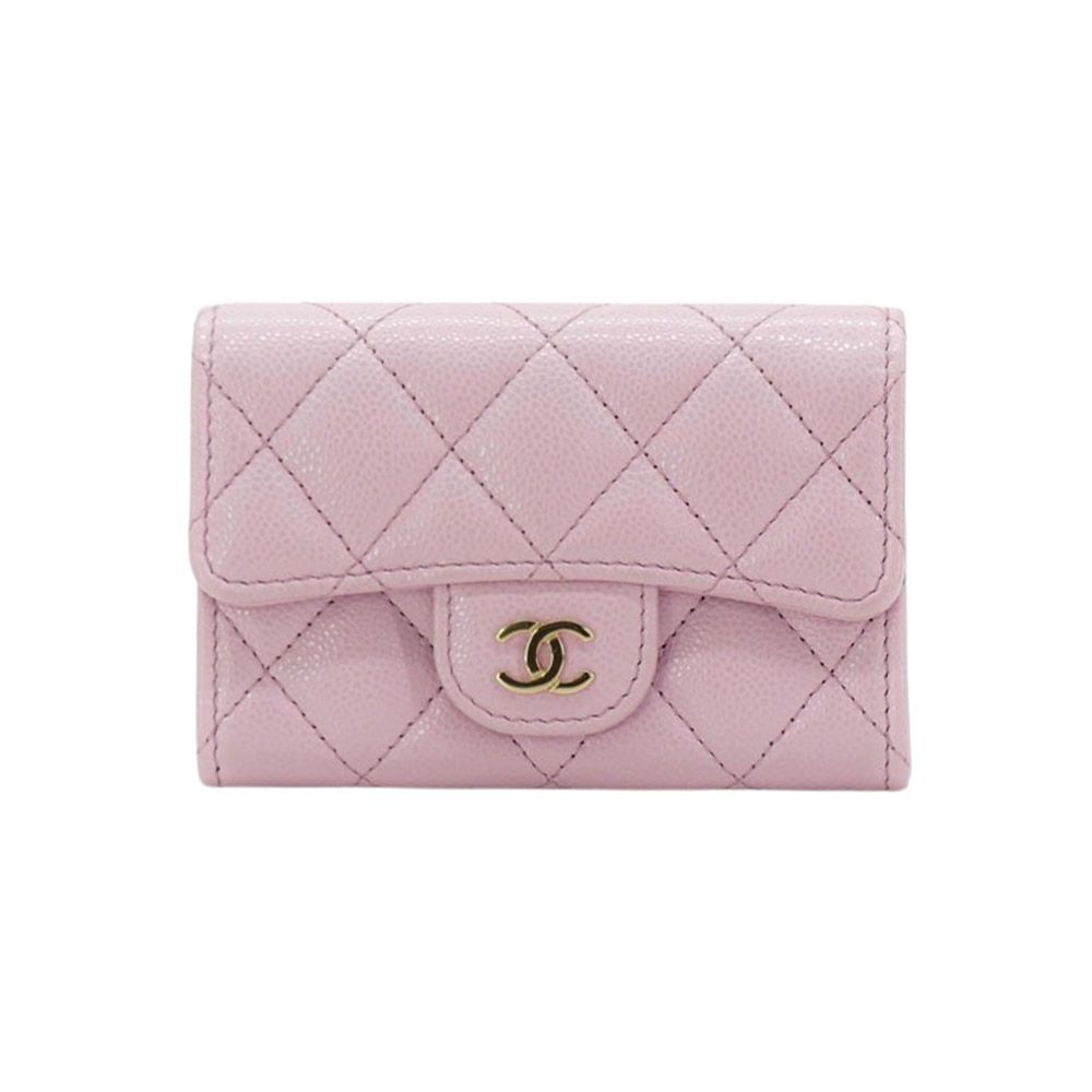 二手品 Chanel 香奈兒 金雙C粒紋牛皮拉鍊零錢袋釦式卡包(AP4096-櫻花粉)