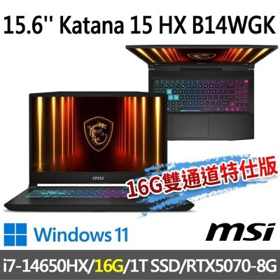 (送500G行動碟)MSI微星 Katana 15 HX B14WGK-609TW 15.6吋電競筆電(i7-14650HX/16G/1T SSD/RTX5070-8G/W11-16G雙通道特仕版)