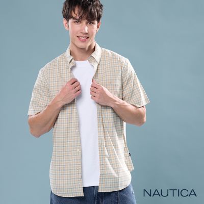 Nautica 男裝 活力黃藍格紋棉質短袖襯衫-黃色