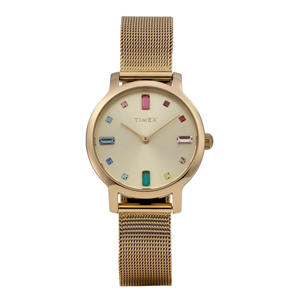TIMEX 天美時 Transcend 31 毫米 彩色水晶 不鏽鋼米蘭網帶 女錶(金 TXTW2Y26400)